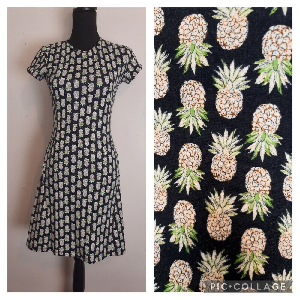 The Limited Pineapple Print Dress XS Petite Sheath Navy Blue Stretch Knee Length
